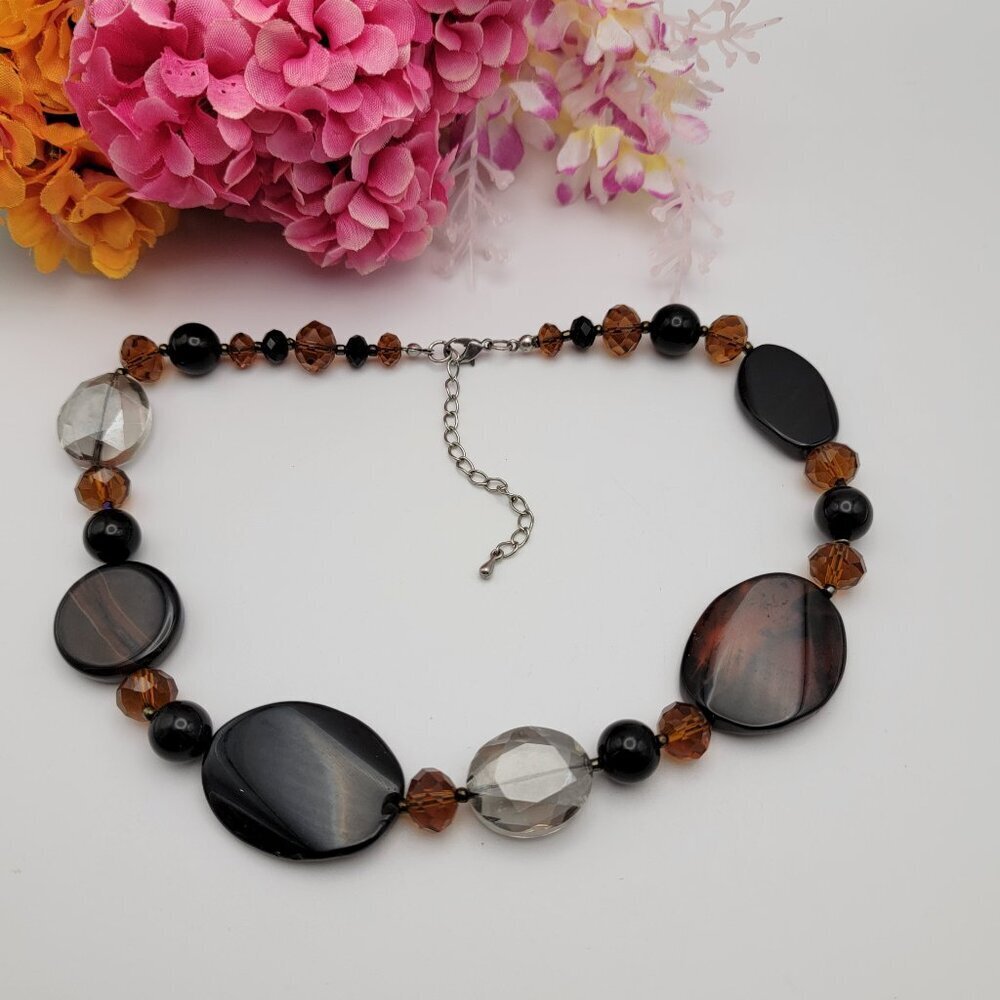 Amber Black And Smoke Glass Beaded Elegant Statement Necklace 20" Adjustable